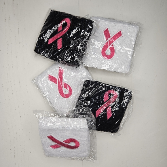 Sport Pink Ribbon Sweat Wristband. Black & White. Lot of 5, New Bands. Cancer - Picture 2 of 4